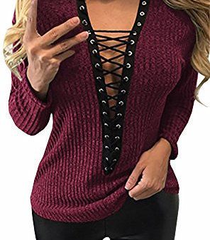 Chellysun Women s Knit Long Sleeve Lace Up Cross Sweater Blouse Top (Large, Wine red) Supply