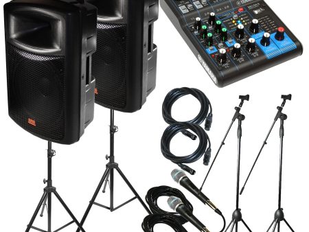 Yamaha Package Bundle: 1x Yamaha MG06 6-Channel Mixer + 2x EMB EB112BT Pro 12  2-way 900W Bluetooth Powered Speaker + 2x Speaker Stands + 2 Emic800 Microphone With Wires + 2 Microphone Stand + 2 XLR Xlarge Calbles For Sale