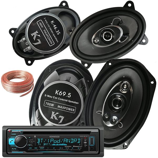 Package - Kenwood KDC-BT31 Single-DIN In-Dash Bluetooth CD Receiver + Pair Of K7 K-46.3S 4x6-Inchs 180W 3-WAY + Pair Of K69.5 6 x9  700W 5-WAY Car Audio Speakers + 100ft Speaker Wire Supply