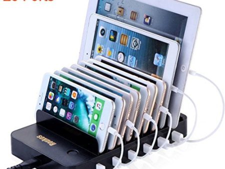 Charging Station, Roukos 10 Ports USB Dock with Build-in Patented Retractable Charging Cables for iPhone, Android Phone, Tablet, iPad, Kindle (2017 Version - Black) For Cheap