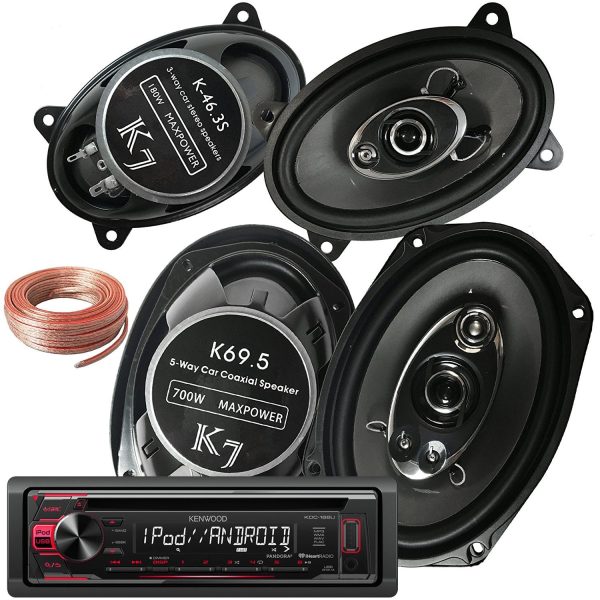 Package - Kenwood KDC-168U In-Dash 1-DIN CD Car Stereo Receiver w  Front USB + Pair Of K7 K-46.3S 4x6-Inchs 180W 3-WAY + Pair Of K69.5 6 x9  700W 5-WAY Car Audio Speakers + 100ft Speaker Wire Online Sale