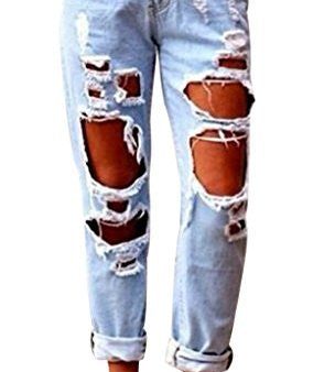 Womens Skinny Faded Ripped Casual Slim Denim Cotton Jeans Fashion