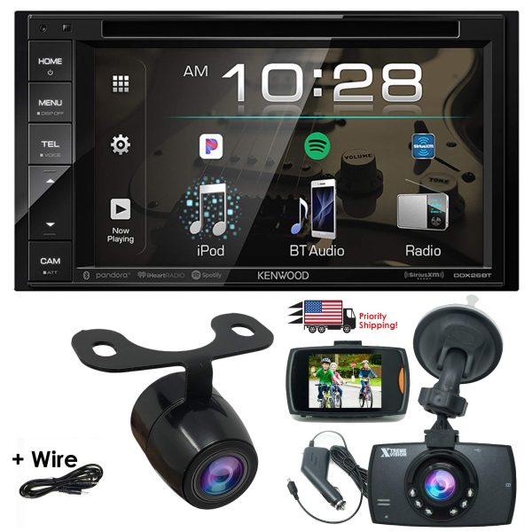 Package Deal Kenwood DDX26BT 6.2  2-Din in-Dash Sirius MP3 WMA DVD Monitor Bluetooth Receiver +1080 HD Dash Cam G-Sensor Video Recorder & HD Rear Cam w Extra Discount