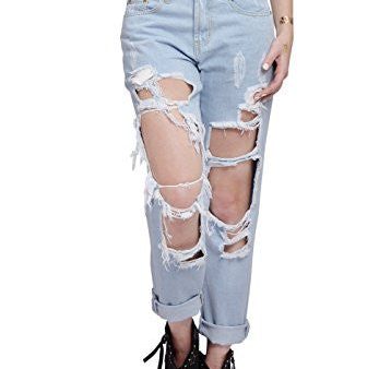 Wink Gal Women Destroyed Boyfriend Jeans Ripped Washed Denim Trousers Color Blue Size XL For Cheap