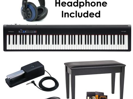 Roland PKG FP-30-BK 88-Key Digital Piano - Package Bundle with Roland DP-10 Damper Pedal, DBP-500CBD Duet Piano Bench, with Free Blue Headphones, Aux Cable & Mobile Bracket For Cheap