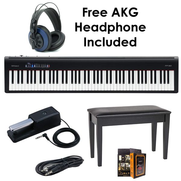 Roland PKG FP-30-BK 88-Key Digital Piano - Package Bundle with Roland DP-10 Damper Pedal, DBP-500CBD Duet Piano Bench, with Free Blue Headphones, Aux Cable & Mobile Bracket For Cheap