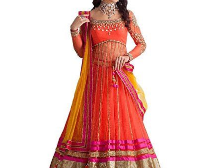 ZFashion Women s Fanta Mastani Orange Color Embroidered & Lace Work Semi-Stitched Net Lehenga with Yellow Net Dupatta For Discount