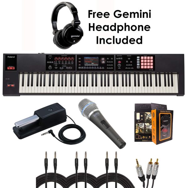 Roland PKG FA-08 88-key Weighted-action Music Workstation - Package Bundle with Roland DP-10 Damper Pedal, EMIC800, 3x QTQ Cables, RCA-Aux Cable, and Free Gemini Headphones & Mobile Bracket Online Sale