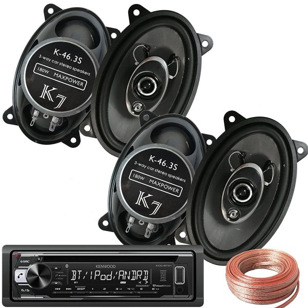 Package - Kenwood KDC-BT21 Single-DIN In-Dash Bluetooth CD Receiver + 2 Pairs Of K7 K-46.3S 4x6-Inchs 180W 3-WAY Car Audio Speakers + 100ft Speaker Wire Supply