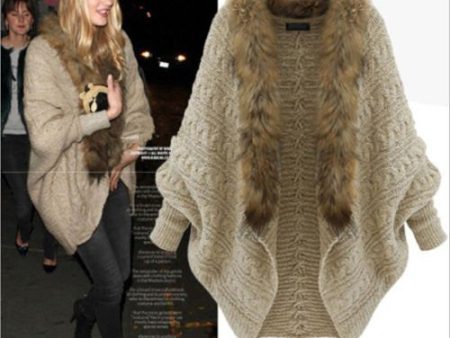 Leshery Womens Autumn Winter Warm Coat Fur Collar Bat Sleeve Cardigan Sweater Jackets (Fur Collar) Online Hot Sale