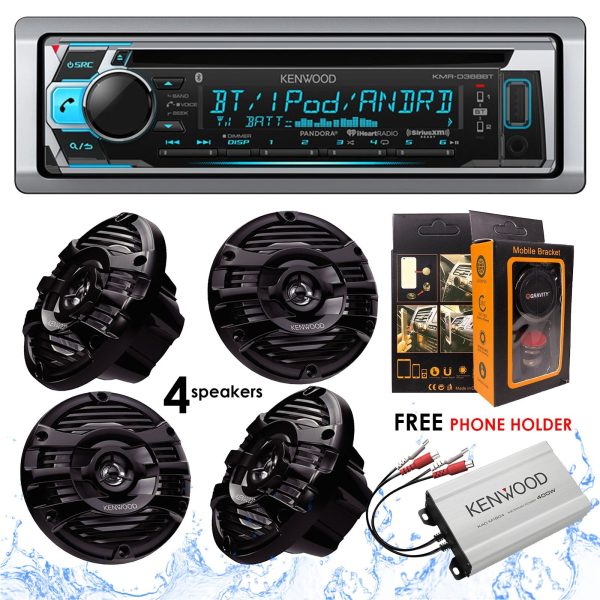 Kenwood KMR-D368BT Bluetooth Receiver + KAC-M1804 4 Channels Amplifier + KFC-1653MRB 6.5  2-Way Marine Speaker Boat-Yacht-ATV - 4 Speakers   300W + Free Magnet Phone Holder Discount