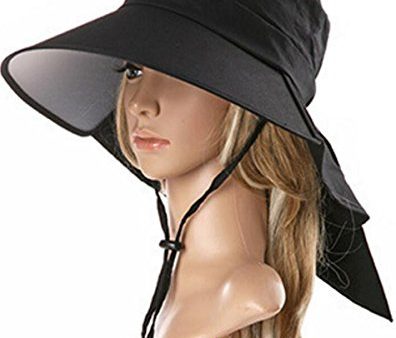 Ls Lady Womens Summer Flap Cover Cap Cotton Anti-UV UPF 50+ Sun Shade Hat With Bow. Adjustable Hat With Wind belt (One Size, Black) For Cheap