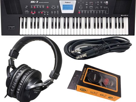 Roland 61-Key Portable Keyboard (BK-3-BK) + HP2000 Studio Headphone with Aux Cable and Magnet Phone Holder, BK3 EAUX+M Online Hot Sale