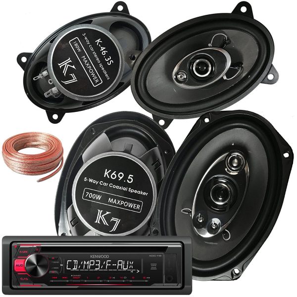 Package - Kenwood KDC-118 In-Dash 1-DIN CD Car Stereo Receiver w  Front AUX Input + Pair Of K7 K-46.3S 4x6-Inchs 180W 3-WAY + Pair Of K69.5 6 x9  700W 5-WAY Car Audio Speakers + 100ft Speaker Wire For Cheap