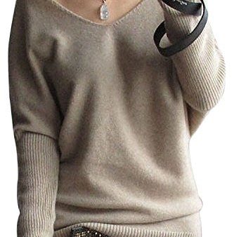 Liny Xin Women s Loose Batwing Big V-neck Cashmere Sweater (Medium, Khaki) Sale