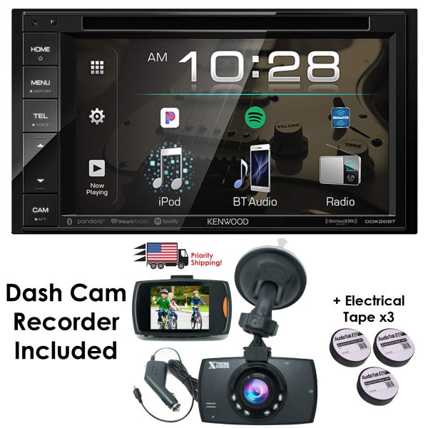 Package Deal Kenwood DDX26BT 6.2  2-Din in-Dash Sirius MP3 WMA DVD Touchscreen Monitor Bluetooth Receiver + 1080 HD Dash Cam Night Vision G-Sensor Video Recorder w Extra Online Sale