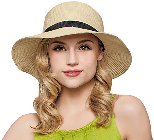 Women Floppy Sun Beach Straw Hats Wide Brim Packable Summer Cap (Beige) by Janrely For Cheap