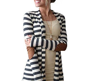 DREAGAL Women s Camel Suede Patch Striped Cardigan Gray Stripe, S For Discount