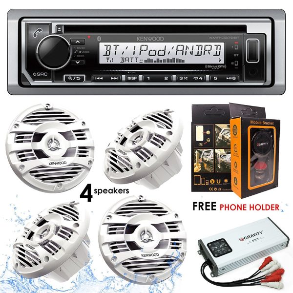 Kenwood KMR-D372BT Bluetooth Receiver + GBR300-4DM 4 Channels Digital Amplifier + KFC-1653MRW 6.5  2-Way Marine Speaker Boat-Yacht-ATV - 4 Speakers 300W + Free Magnet Phone Holder Discount