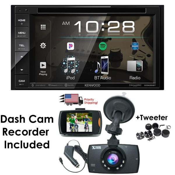 Package Deal Kenwood DDX26BT 6.2  in-Dash DVD Bluetooth Double-DIN Sirius-XM-Ready Car Audio Receiver + 1080 HD Dash Cam Night Vision G-Sensor Video Recorder w Extra Cheap