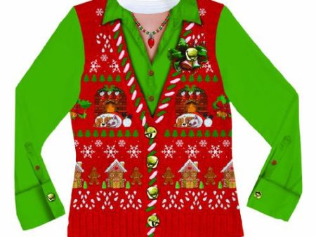 Faux Real Women s Ugly Xmas Sweater Vest Long Sleeve T-Shirt, Multi, X-Large Supply