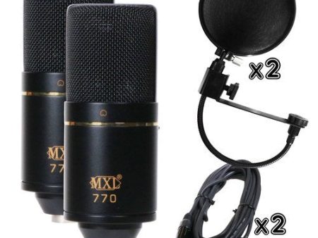 2) MXL-770 Condenser Mic and case + 2) XLR to XLR cables + 2) Pop Filters Supply