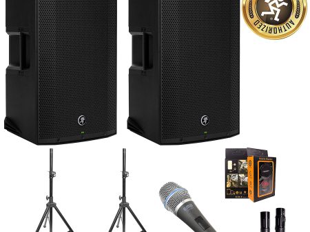 Mackie Thump12BST Boosted 1300W 12  Powered Loudspeaker Bundle w  2 Speakers, 2 Speaker Stands, Microphone, XLR Cable & Mobile Bracket Supply