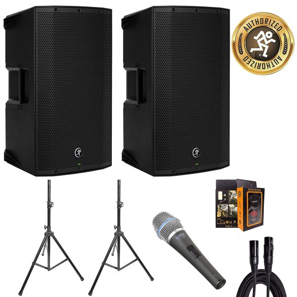 Mackie Thump12BST Boosted 1300W 12  Powered Loudspeaker Bundle w  2 Speakers, 2 Speaker Stands, Microphone, XLR Cable & Mobile Bracket Supply