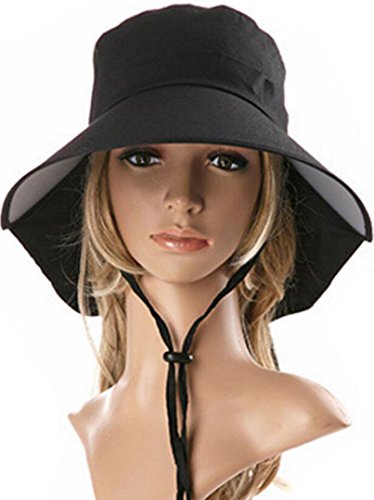 Ls Lady Womens Summer Flap Cover Cap Cotton Anti-UV UPF 50+ Sun Shade Hat With Bow. Adjustable Hat With Wind belt (One Size, Black) For Cheap