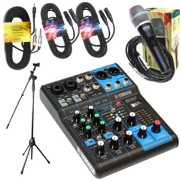 Yamaha Package Bundle - Yamaha MG06X 6-Channel Mixer + EMB Emic800 Microphone + 2 XLR XLarge Cables + 3.5mm to Dual 1 4  Cable + Microphone Stand Online now