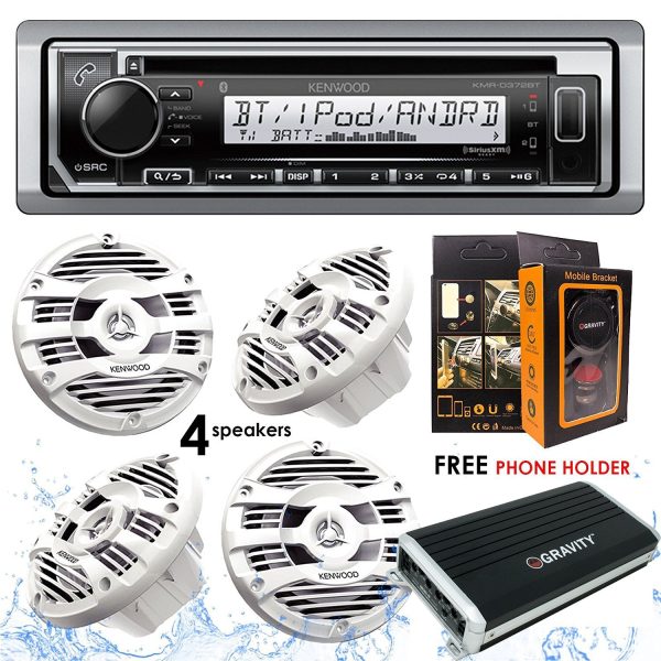 Kenwood KMR-D372BT Bluetooth Receiver + GBR300-4D 4 Channels Digital Amplifier + KFC-1653MRW 6.5  2-Way Marine Speaker Boat-Yacht-ATV - 4 Speakers 300W + Free Magnet Phone Holder For Sale