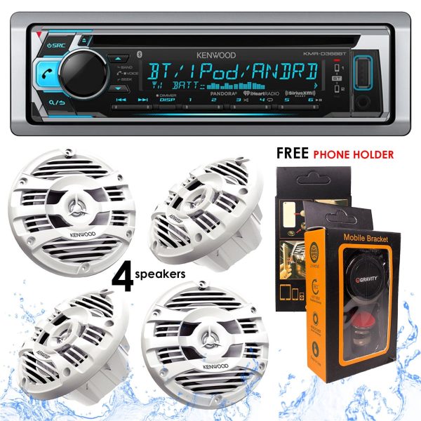 Kenwood KMR-D368BT Bluetooth Receiver + KFC-1653MRW 6.5  2-Way Marine Speaker Boat-Yacht-ATV - 4 Speakers 300W + Free Magnet Phone Holder Online